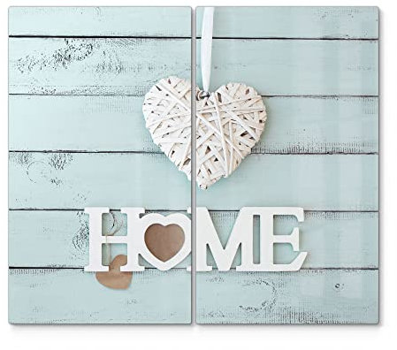 DEQORI Herdabdeckplatten Glas | 2er Set 60x52 cm | Motiv Holzschrift HOME | Ceranfeld Abdeckplatten in Küche | Herd-Abdeckungen universal | Glasplatten & Schneidebretter für Kochplatte