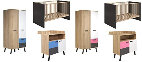 trendteam smart living - 3-teilige Babyzimmerkombination Babyzimmermöbel - Babyzimmer - Mats Color - Farbe Bianco Buche/Weiß/Grau mit Blau/Rosa - 1976601D4