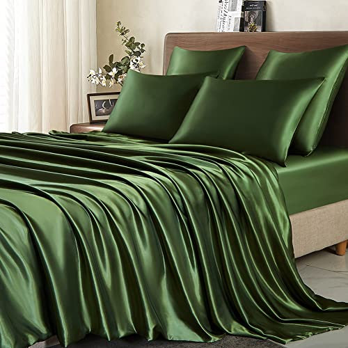Michorinee Housse de Couette Satin 220x240 Vert Olive avec 2 Taies d'oreiller 65x65 cm Parure de Lit Adulte 2 Personnes Linge de Lit Satin de Soie Brillante avec Fermeture Éclair