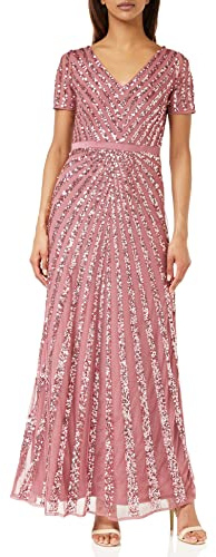 Maya Deluxe Damen Maxi Women's Embellished Sequin Long Short Sleeve V Neck High Empire Waist Cut Shiny Prom We Bridesmaid Dress, Taupe, 36 EU