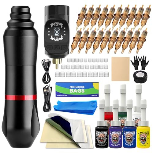 Hawink Tattoo Kit Rotary Gun Maschine mit Wireless Netzteil LCD Digital 3.7V Lithium Batterie 1600mAh, 1Pcs 7 Tinten EKHWP6-1