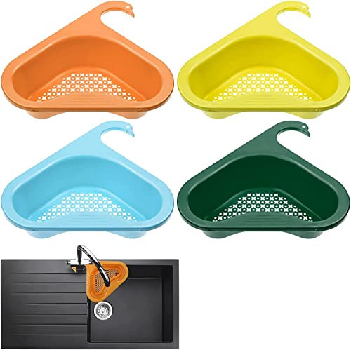 INHEMING 4 Stück Spülbecken Sieb,Spülbeckensieb, Hängendes Dreieckiger Filterkorb,Swan Abflusskorb Sieb, Waschbecken Filterablage für Gemüse Obst,Schwammhalter
