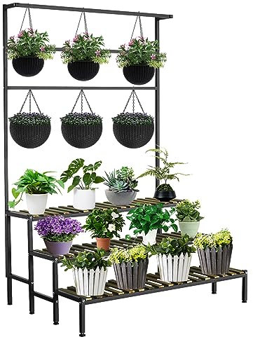 Großes Pflanzenregal für drinnen und draußen, 3 Etagen, robuster Hängepflanzenständer mit Stange, 99 cm L x 152,4 cm hoch, Metall und Holz, Blumenleiterregal, Pflanzenvitrine, Regale für Garten,