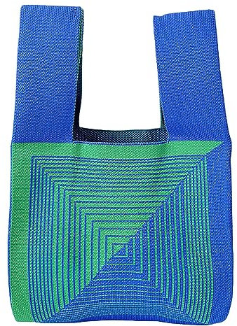 Anopo Damen Geknotete Gewebte Tasche Klein Gehäkelt Handtaschen Niedlich Ästhetisch Blume Portemonnaie Handgelenk Tasche Gestrickt Mode Tragetasche Gestreift Blau Grün