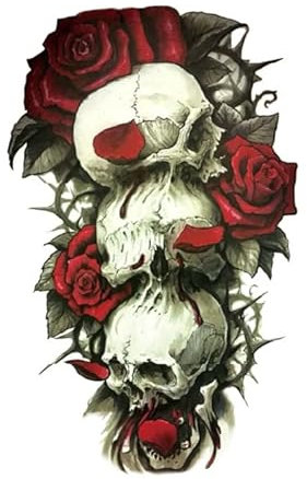 5 Images Roses Rouges + Tatouage Ephemere Corps Crâne - Tatouage Ephemere Temporaire Coloré