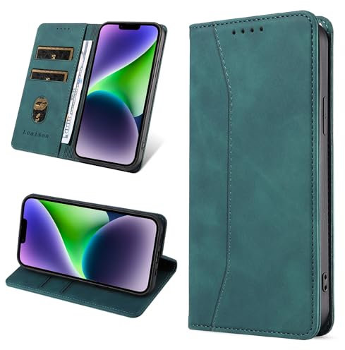 Leaisan Handyhülle für iPhone 14 Hülle Premium Leder Flip Klappbare Stoßfeste Magnetische [Standfunktion] [Kartenfächern] Schutzhülle für iPhone 14 5G (6,1 Zoll) Tasche - Malachitgrün