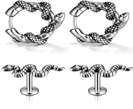PiercingJak 4er Edelstahl Schlange Ohrringe für Herren Damen Creolen Huggies Hoop Ring Labret Helix Stecker Ohrstecker Silber Set Gothic Punk Schmuck Männer Frauen Accessoire