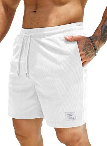 JMIERR Corduroy Shorts Herren Sommer Freizeit Leinen Stretch Baumwolle Elastische Taille mit Taschen Weiß L