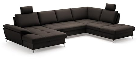 Cavadore Wohnlandschaft Castiel mit Federkern / Sofalandschaft mit XL-Longchair, Sitztiefenverstellung, Kopfstützen und satinierten Metallfüßen / 363 x 89-104 x 223 / Echtleder, Dunkelbraun
