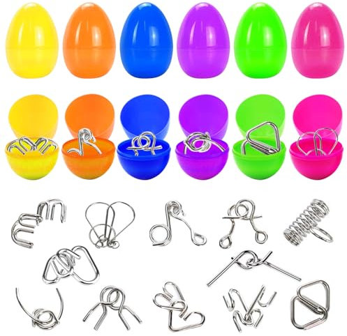 12 Stück Ostereier Gefüllt mit 3D Puzzle Spielzeug Set, Metall Ostereier Spielzeug Set, Knobelspiele Geduldspiele Metallpuzzle Erwachsene Kinder, Ostereiersuche, Oster Körbchenfüller Geschenk Party