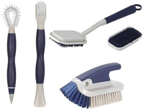 Beldray COMBO-9031 Deep Clean 4 Piece Brush Set – With Scrubbing Grout & Tile Brush, Rubber Bristle Dish Brush, 2 Dual-Sided Detail Brushes, Versatile Cleaning, Non-Scratch, Non-Slip Handles