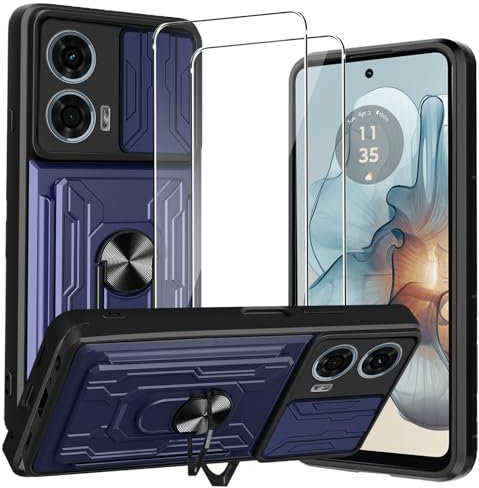 CONAPIKA Coque pour Motorola Moto G24 + 2 Pièces Verre Trempé, avec Carte Fente+Lentille Coulissante Couverture+360°degrés Support Rotatif Magnétique Bumper Antichoc Housse, Bleu