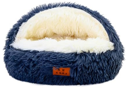 AL TAJAR 50cm Anti-Anxiety Donut Dog Cave Bed with Roof for Pets under 5 kg - Cozy Hooded Bed, Washable Plush Faux Fur, Snuggle Cave with Cushioned Pillow (Wolf blue)