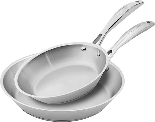 SCANPAN STS Edelstahl-Pfannen Set 20+28 cm | Multifunktionale Pfannen Induction mit Aluminiumkern, Schräge Seiten | Bratpfannen für alle Herdarten | Ofenfest