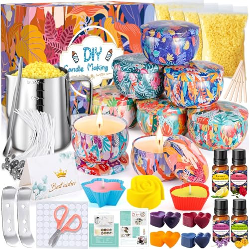 MZJAUVF Kit para Hacer Velas, Kit de Fabricación de Velas Perfumadas, DIY Juego de Regalo,Kit Velas DIY, 480gCera de Soja,8Latas de Velas,4Aceites Aromáticos etc,Kit Hacer Velas para Festival Regalos