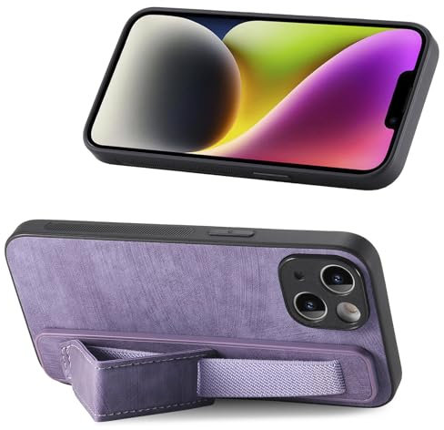 Draamvol for iPhone 14 Case with PU Leather Wrist Strap Kickstand Shockproof Bumper Standing Grip Case Protective Soft TPU Slim Fit Cover for iPhone 14 Phone Case,Purple