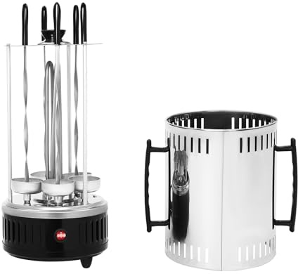 Vertikaler Elektrogrill 1000W mit 5 Spießen & Rotisserie - Edelstahl Grillgerät für Schawarma, Kebab & Fleisch - Rauchfreies Grillen mit Ölauffangschale ﻿