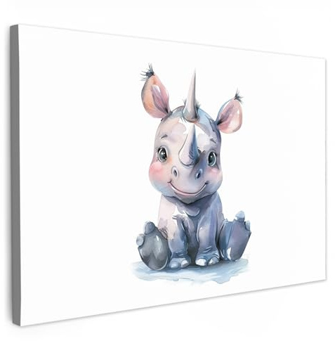 MuchoWow© Leinwand Deko Schlafzimmer Aesthetic Leinwandbilder Kinderzimmer | 120x80 cm - Mädchen Gemälde Foto Geschenk Living Room Decoration Rhinozeros - Aquarell - Jungen - Tiere