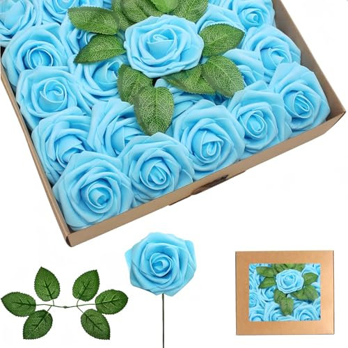 25Pcs Roses Artificielles Bleu Ciel,En Mousse Faux Roses Avec Tiges, Rose Artificielles Cimetiere,De Faux Ivoire Rose pour Deco Mariage,Décoration d'anniversaire,Saint Valentin,Décoration de Gâteau