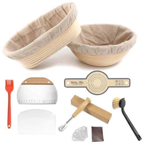 JETABLE Bread Sourdough Banneton Proving Basket Kit - 10-inch Oval & 9-inch Round Basket with Silicone Sling, Brush, Dough Scraper, Bread Lame