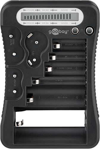 goobay 72511 Digitaler Batterietester für Batterien, Akku und Knopfzellen/LCD Batterietestgerät/Batterie und Akku Tester/AA, AAA, 9V, C, D, CR2032