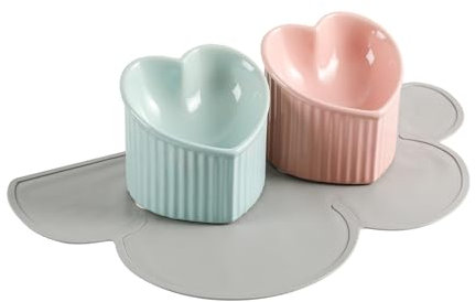 Gamelle pour Chat Surélevée Inclinée - 2 Bols Chat de Nourriture avec Tapis Antidérapant - Double Gamelle Chat Ceramique Surelevee - Gamelles pour Chats Surelevees Anti Vomissement - Rose & Vert