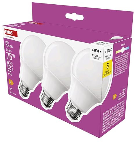 EMOS LED Lampe A60-Birne 3er Pack, 9,5W Ersatz für 75W Glühbirne, klassische Birne mit E27 Sockel, Helligkeit 1055 lm, Neutralweiß 4000 K, 30000 h Lebensdauer, CRI min. 80, 180° Abstrahlwinkel