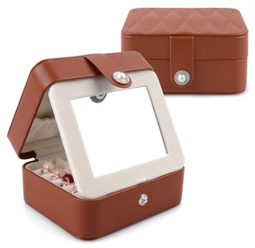 Homeanda Schmuckkästchen Reise,Tragbar Schmuckschatulle mit Spiegel, Schmuckbox PU-Leder für Ringe,Halsketten,Armbänder,Ohrringe(Braun)