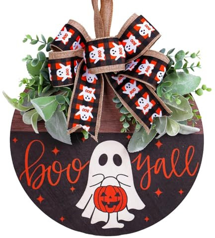 Coronas de fantasma para puerta de Halloween, decoración de guirnalda de puerta de fantasma, corona de fantasma, decoraciones de Halloween con flor de calabaza para puerta, jardín, pared, patio, hogar