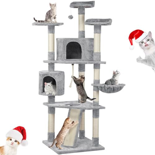 Yaheetech 200cm Cat Tree, Large Cat Tower w/Sisal Scratching Posts & Ramp, Cat Climbing House for Multiple Cats Indoor, Cat's Activity Center with Condos & Dangling Ball, Light Gray