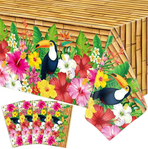 4 Pack Luau Hawaiianisch Tischdecken Tiki Tischtuch Tiki Totem Dekor Aloha Tiki Bar Tropische Tischdecke Hawaiian Luau Tischdecke Tukan Vogel Thema Strand Pool Party Dekorationen 86 x 51 IN