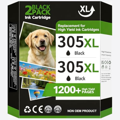 LIFOR 305XL Ink Cartridges Black Replacement for HP 305 Black Ink Cartridge,Printer Ink 305 XL for HP DeskJet 2810e 2820e Envy 6010 6020 6032 Pro 6400 6430(2 Black Pack)