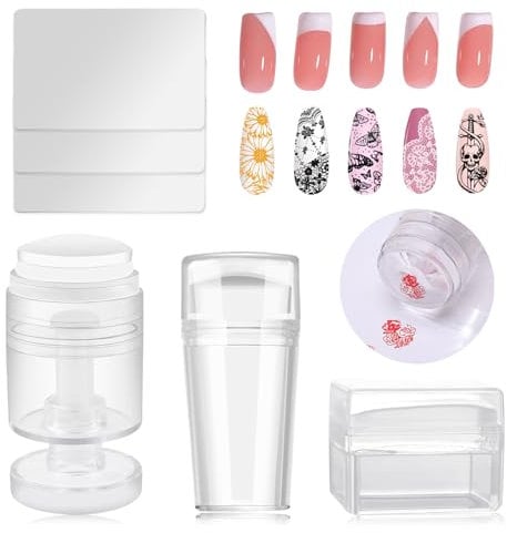 Esuohym 6PCS French Tip Nail Stamp Art Kit Clear Silicone Nail Jelly Stamper With Scrapers Polish French Manicure Stamping Set For Women Diy Artists Salon