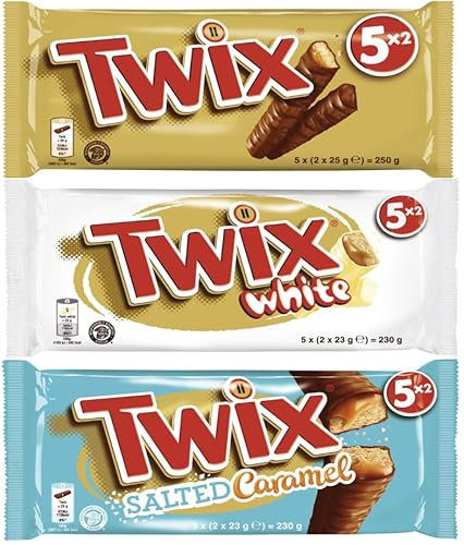 TWIX Multipack-Mix 3 Packungen, 15 Riegel I Twix Original I Twix White I Twix Salted Caramel I Milchschokolde I Weiße Schokolade I Karamell I Keks I Schokoriegel