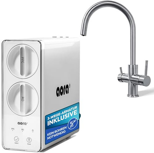 aora GT600 Umkehrosmoseanlage + 3-Wege-Edelstahl-Armatur OHNE bohren – Osmose Wasserfilter mit 8-Stufen-Filtration & Filterwechsel in 3 Sek. – Osmoseanlage Untertisch + tanklosem RO System - Giulia-C