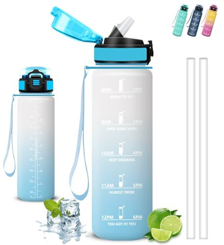 Gourde 1l, Gourde Sport, Anti Fuite, Gourde Graduée pour 1 Journee, Facile à Transporter, Gourde Graduée, avec Slogan de Motivation, Bouteille avec Verrou de sécurité, pour Camping, Yoga, Randonnée