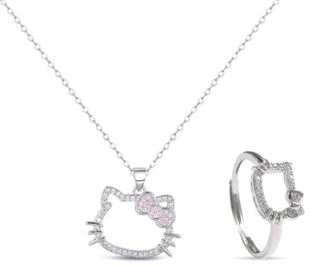 BCHKO 2 Stück Schmuck Set, Set Ring Und Kette, Diamant Katze Halskette, Kawaii Bogen Kätzchen Anhänger Halskette, Jewelry, Geschenke Für Mädchen