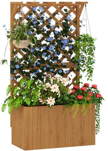 Outsunny Letto per Orto Rialzato da Esterno in Abete con Grigliato, Fori di Drenaggio e Tetto a Pergola, Fioriera da Esterno per Piante Rampicanti, per Fiori e Verdure, 64x33x122 cm, Color Legno