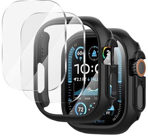 Diruite 2+2 Pezzi Pellicola Protettiva per Apple Watch Ultra/Ultra 2 49mm Cover,PC Custodia*2&Trasparente Vetro Temperato Pellicola*2,Nero(HD),49mm