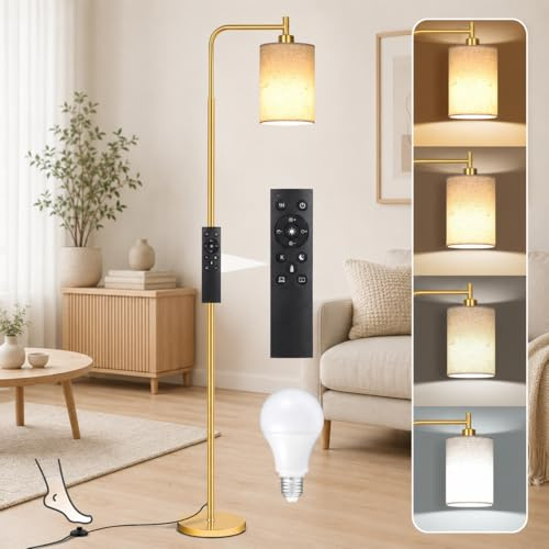 Rosnek Stehlampe Wohnzimmer mit Fernbedienung, 12W Stehlampe Kabelloses Dimmbar, E27 LED Lampe mit Unendliche Farbtemperaturen & Fußschalter, Wohnzimmerlampe Stehend für Schlafzimmer Büro(Gold)