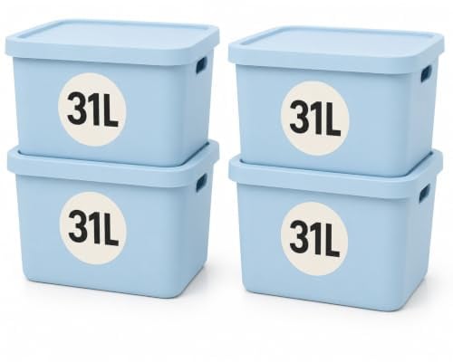Plastard Aufbewahrungsbox mit Deckel 4er-Set 31 Liter in Blau | BPA-Freie Ordnungsbox für Küche, Bad, Büro, Kinderzimmer, Robuste Stapelbare Kunststoffbox, 46 x 34 x 26 cm, Ordnungskiste
