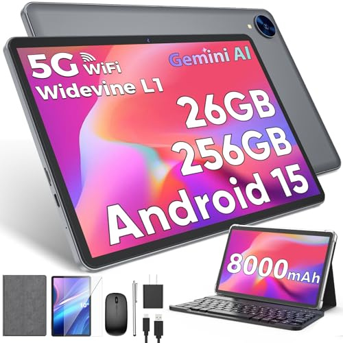 Android 15 Tablet mit Tastatur, 26 GB RAM, 256 GB ROM (2 TB Erweiterung), 10-Zoll-Tablet mit Octa-Core, 8000 mAh Akku, 2,4 G/5 G WLAN, BT 5.0, 5 MP + 13 MP Kamera, Gemini AI, Hülle, Maus, Stylus