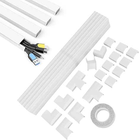 SEAFRONT Kit Canalina per Cavi, Correttore Cavo Bianco, Gestione dei Cavi Parete con Copertura Cavo in PVC 10 Pezzi con Nastro Biadesivo Verniciabile, UL94 V-0, Finiture vestibilità