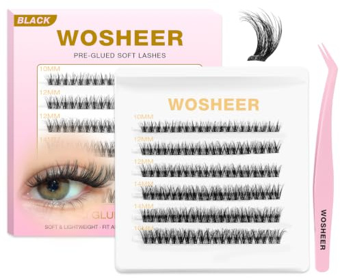 Wosheer 3D Pre Glued Cluster Lashes Self Adhesive Eyelash Clusters with Tweezer No Glue Needed DIY Eyelash Extension Kit Pre Glued Eyelashes for D Curvature Lashes Kit（Flashie Kit, 10mm-16mm）