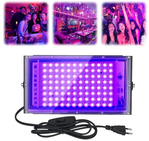 Schwarzlicht led Strahler 100W, UV LED Schwarzlichtlampe Strahler Flutlicht mit Schalter,IP65 Wasserdicht Schwarzlichtlampe für Halloween Aquarium Konzert Party Band Leistung Fluoreszierende Poster