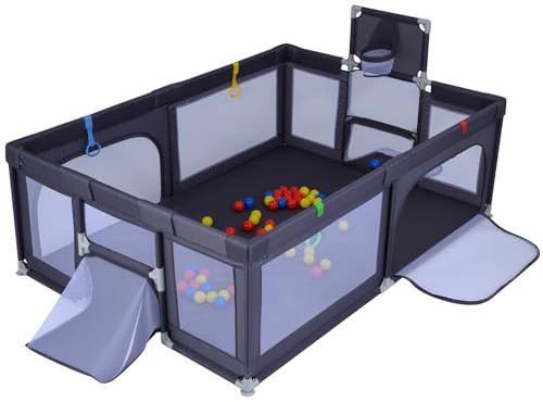 DREAMADE Laufstall baby, Laufgitter mit Matratze & Basketballkorb & Zugring, Schutzgitter mit Rutschfester Basis, Krabbelgitter für Kinder (Dunkelgrau,207 x 145cm, ohne Matratze)