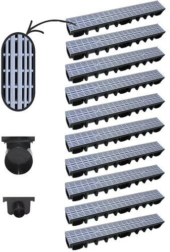 Megaa store 10m Entwässerungsrinne 98 mm – Komplettset A15 Kunststoffrinne Schwarz/Grau/Verzinkt Verschiedene Rostmuster Drainagerinne Bodenrinne (10 Meter, Grau Linie)