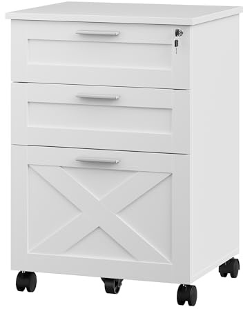 GarveeMore Archivo Móvil 3 Cajones con Cerradura, Cajonera con Ruedas y Estante para Impresora, Organizador de Oficina para Documentos A4, Estructura de Madera, Blanco