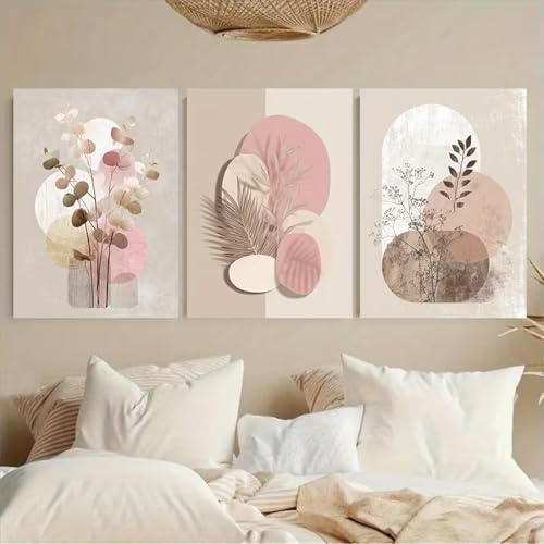Uixxducc 3er Poster Set Boho Abstrakt - Rosa & Beige Wandbilder Modern - Botanik Pflanzen Leinwandbilder Ohne Rahmen - Skandinavisch Deko Wohnzimmer Schlafzimmer (40x50cm,A)