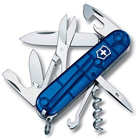 Victorinox Climber Swiss Army Pocket Knife, Medium, Multi Tool, 14 Functions, Blade, Bottle Opener, Blue Transparent